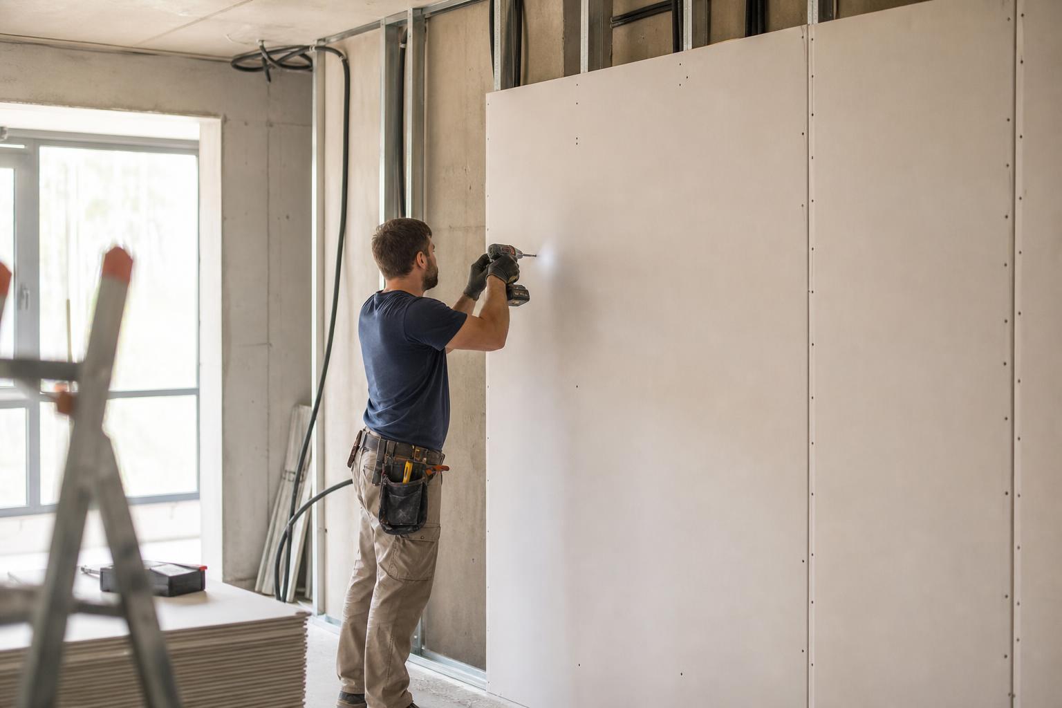 Cloison en plaques de placo en cours de pose sur ossature métallique