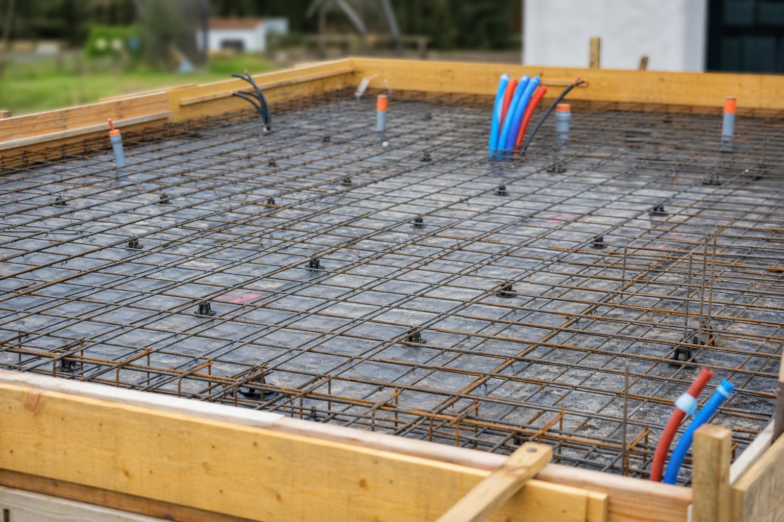 Coffrage et treillis d'une dalle de 20 m² prête à être coulée