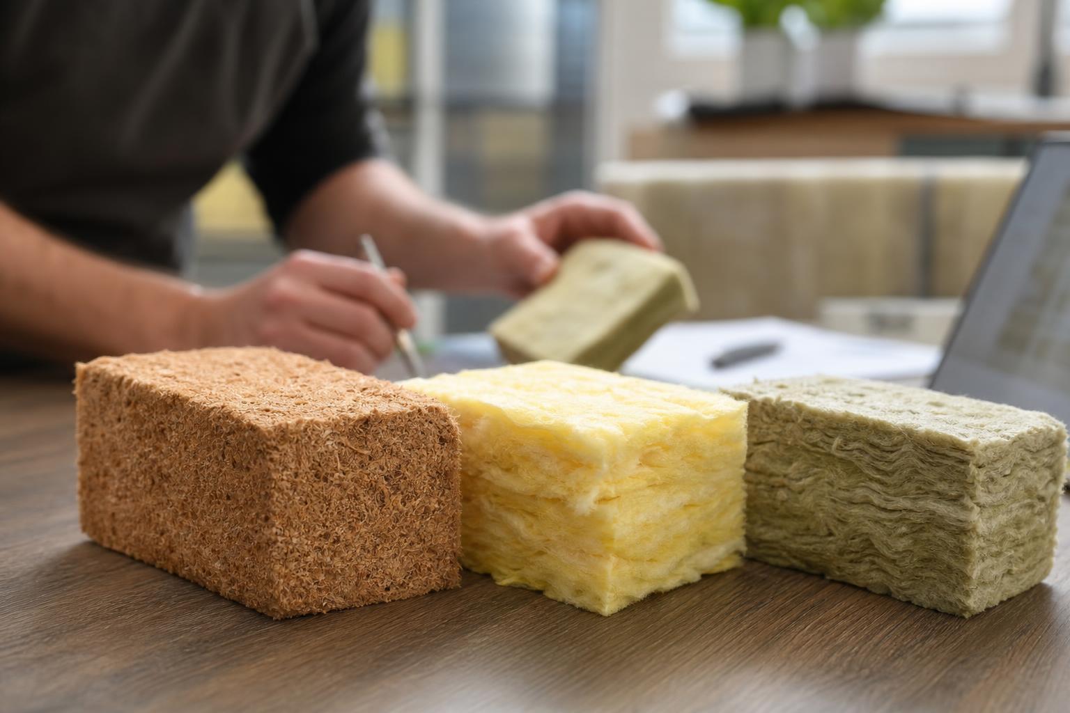 Comparaison d'échantillons d'isolants : fibre de bois, laine de verre et laine de roche