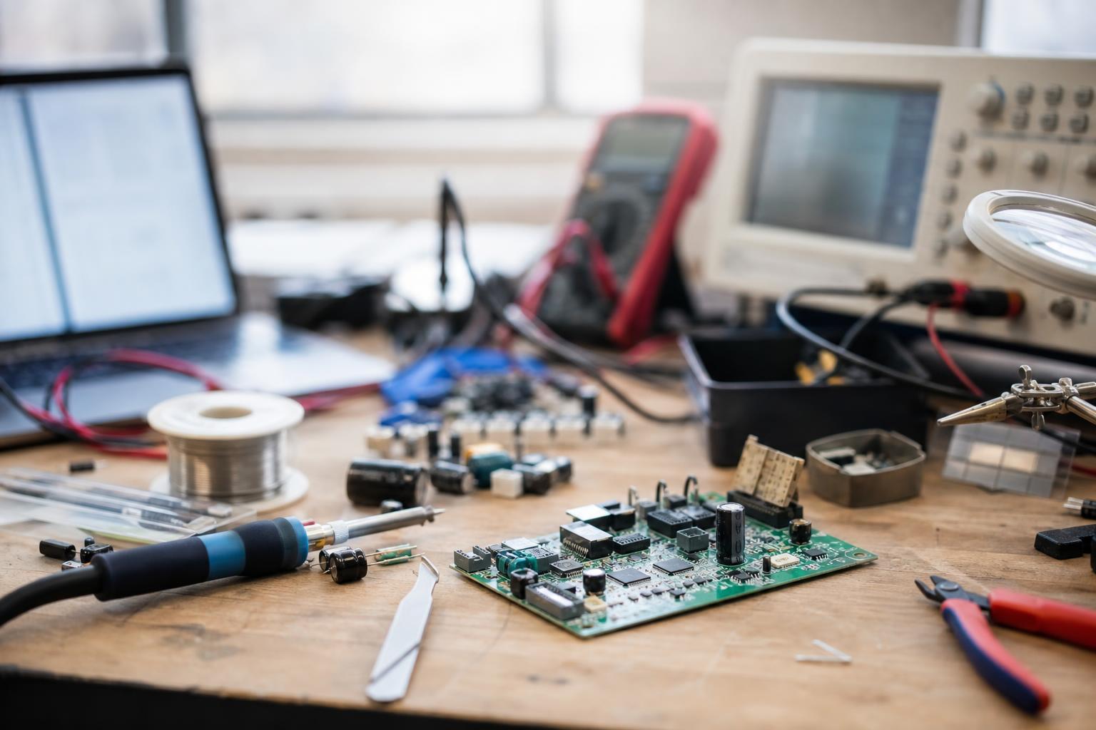 Composants électroniques, outils et instruments de mesure disposés sur un établi