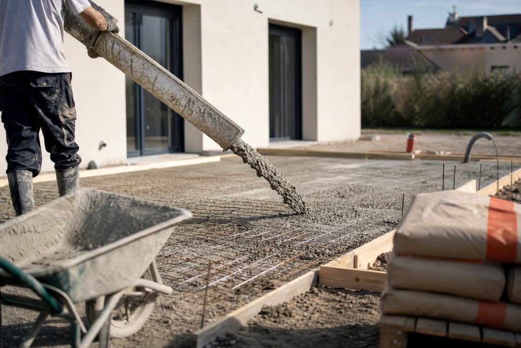 Coulage d'une dalle de béton en extérieur, avec brouette et sacs de ciment sur le chantier.