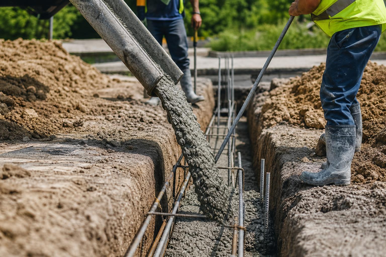 Coulage d'une semelle filante en béton armé dans une tranchée de fondation