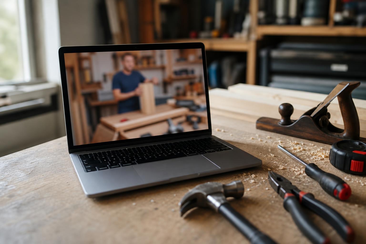 Cours de bricolage en ligne affiché sur un ordinateur portable, posé à côté d'outils à main sur un établi
