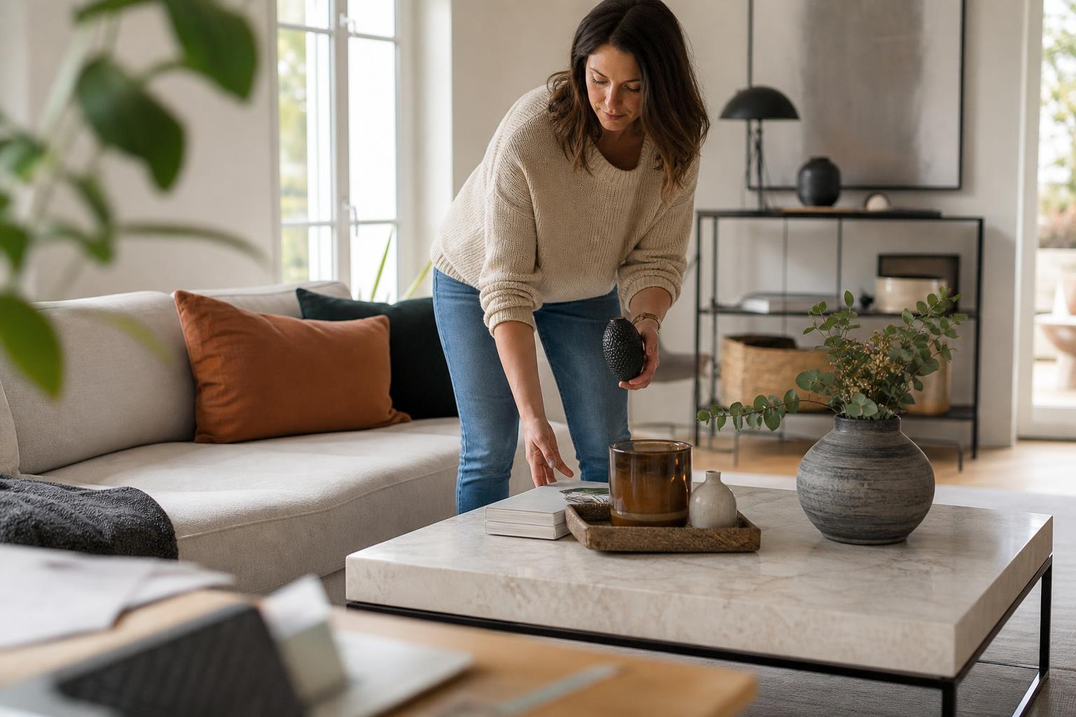Décoratrice d'intérieur agençant meubles et objets dans un salon lumineux