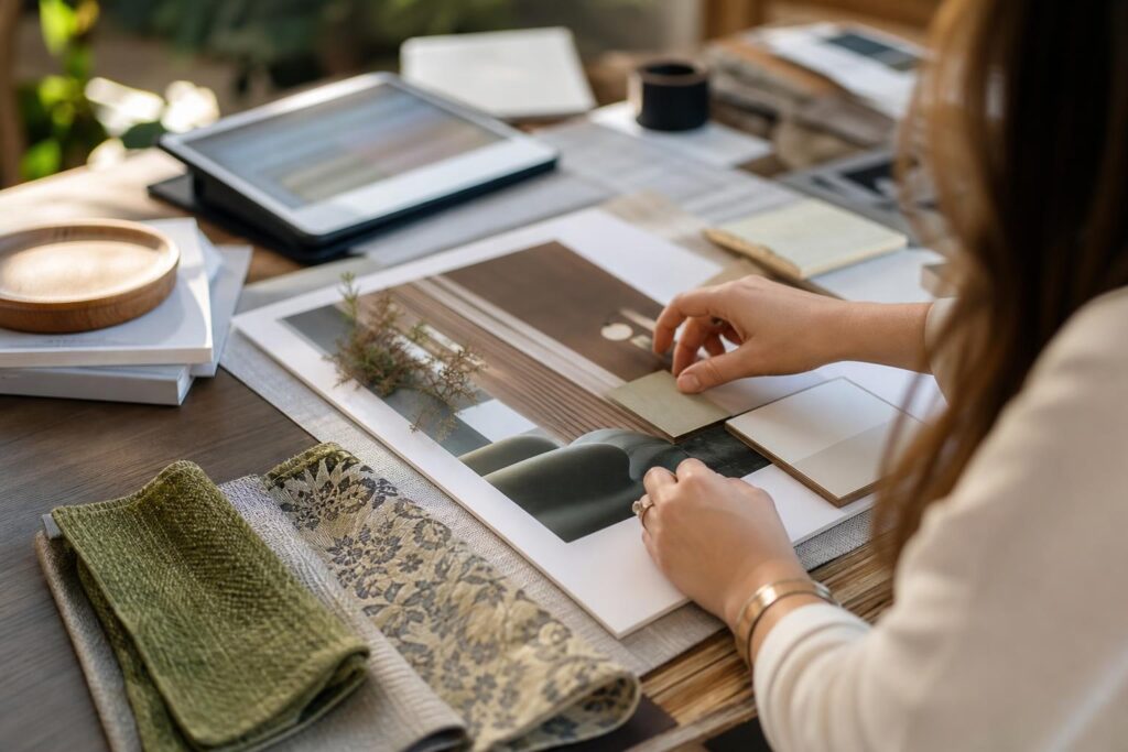 Décoratrice d'intérieur composant une planche tendance avec des échantillons de tissus et de couleurs.