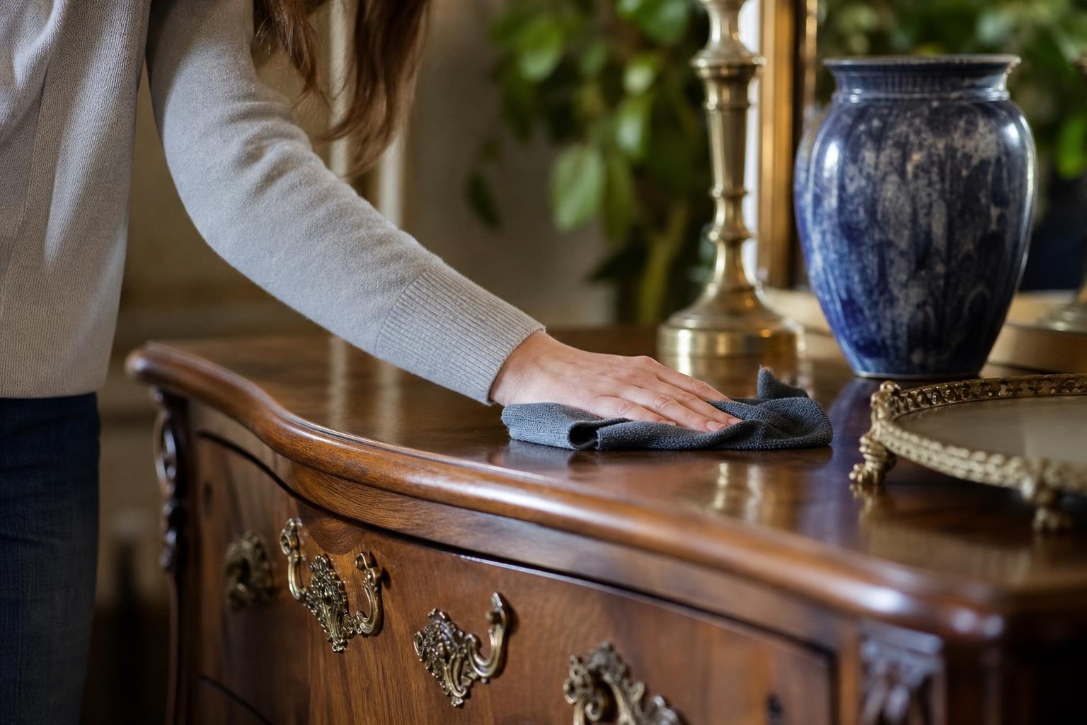 Dépoussiérage tout en douceur d'un meuble ancien avec un chiffon doux