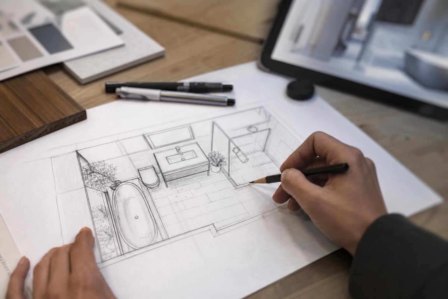 Dessin d'un plan de salle de bain sur papier lors d'un projet de rénovation