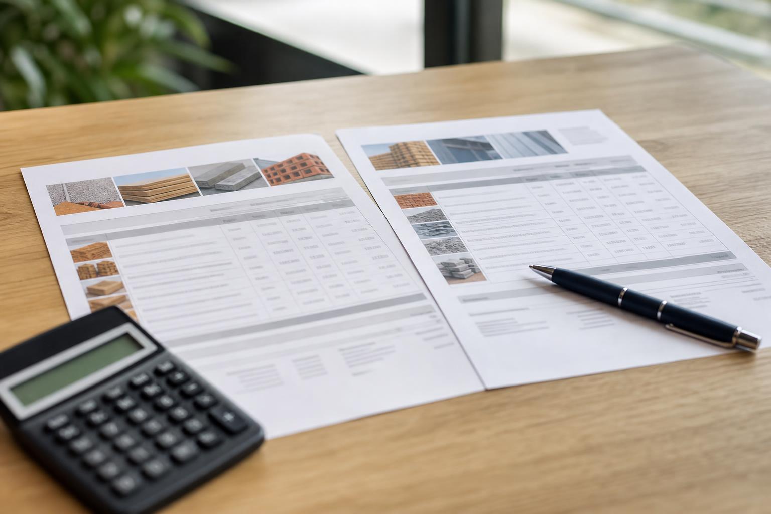 Deux devis de matériaux de construction posés côte à côte avec une calculatrice et un stylo