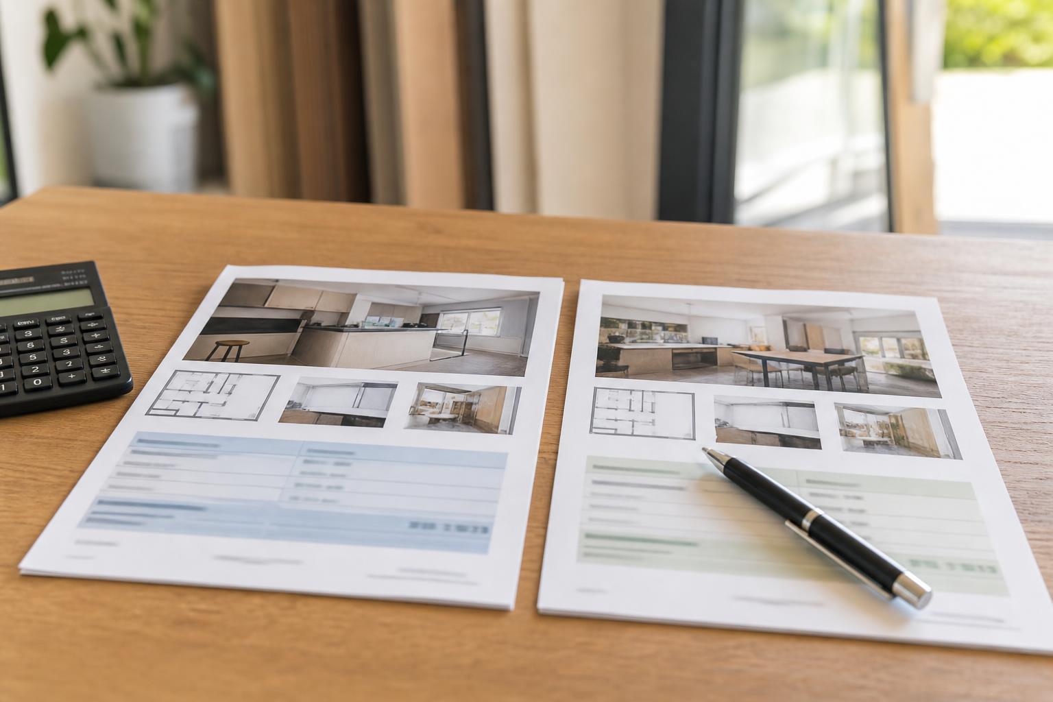 Deux devis de rénovation posés côte à côte sur une table avec une calculatrice et un stylo