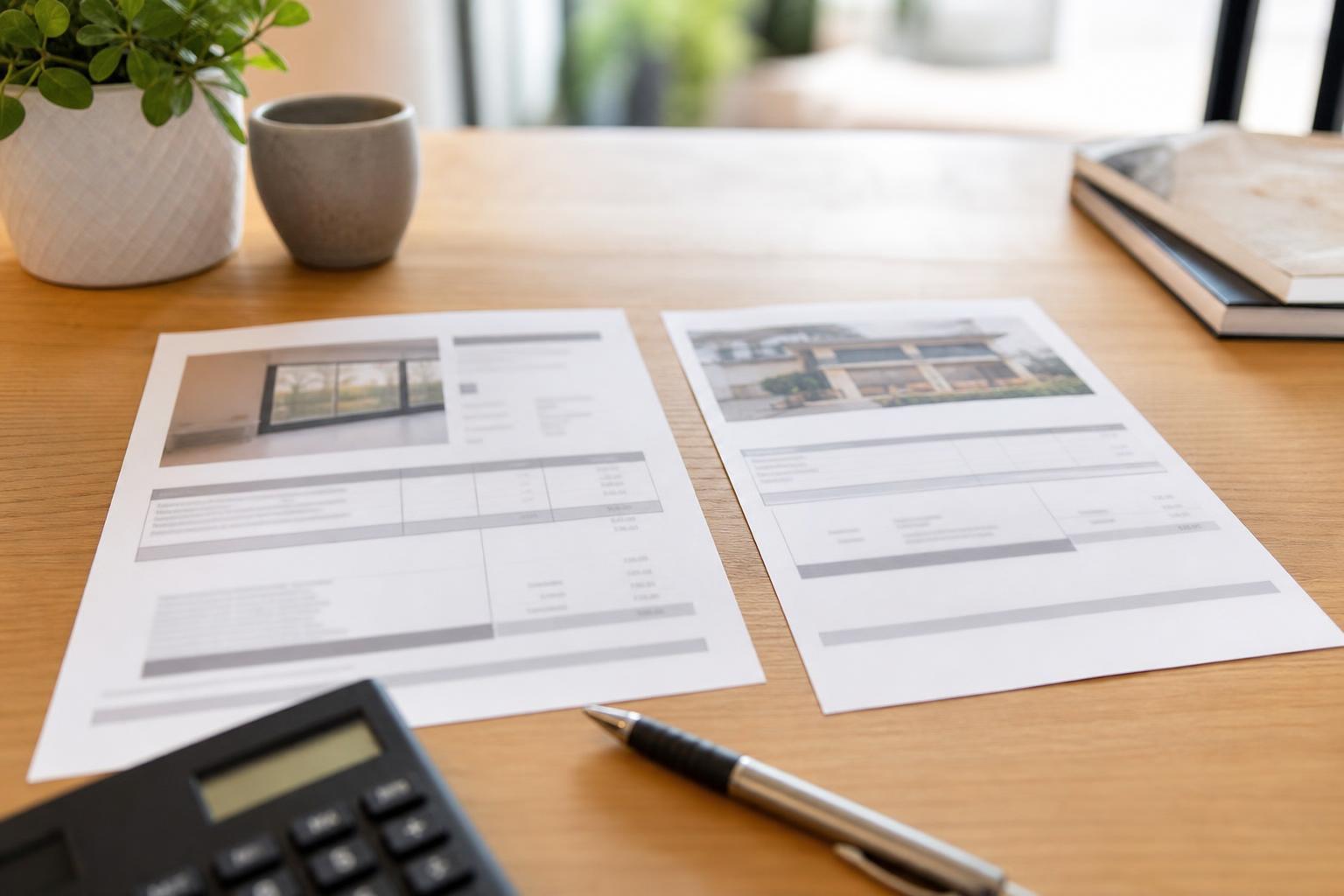 Deux devis de travaux posés côte à côte sur une table avec une calculatrice et un stylo
