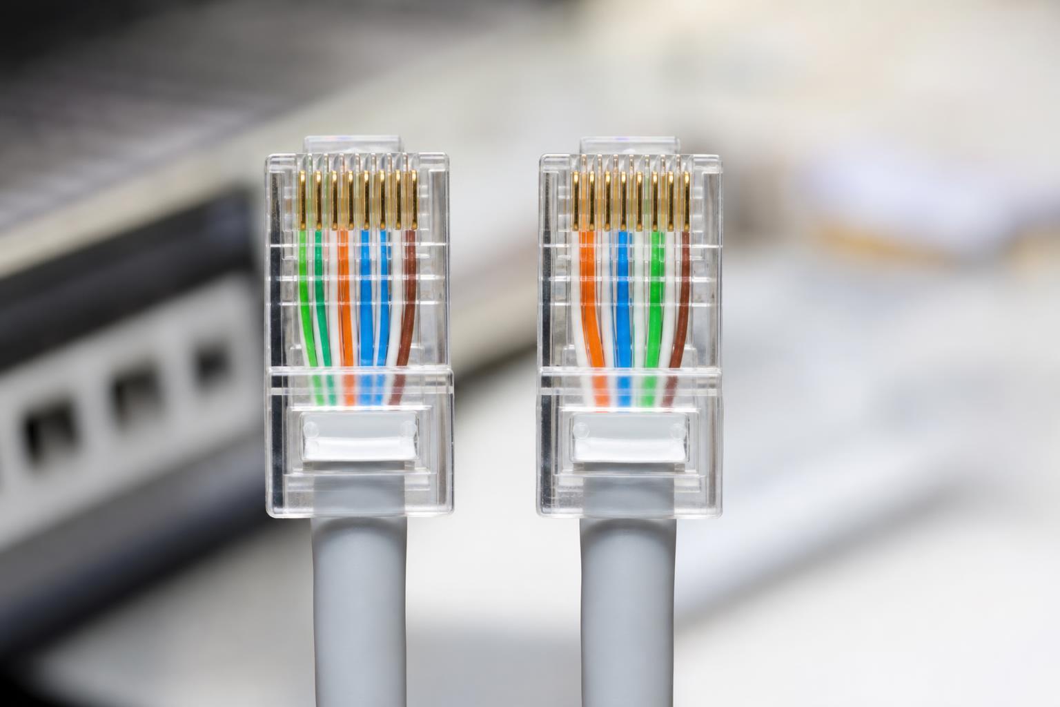 Deux prises RJ45 câblées selon les normes T568A et T568B côte à côte