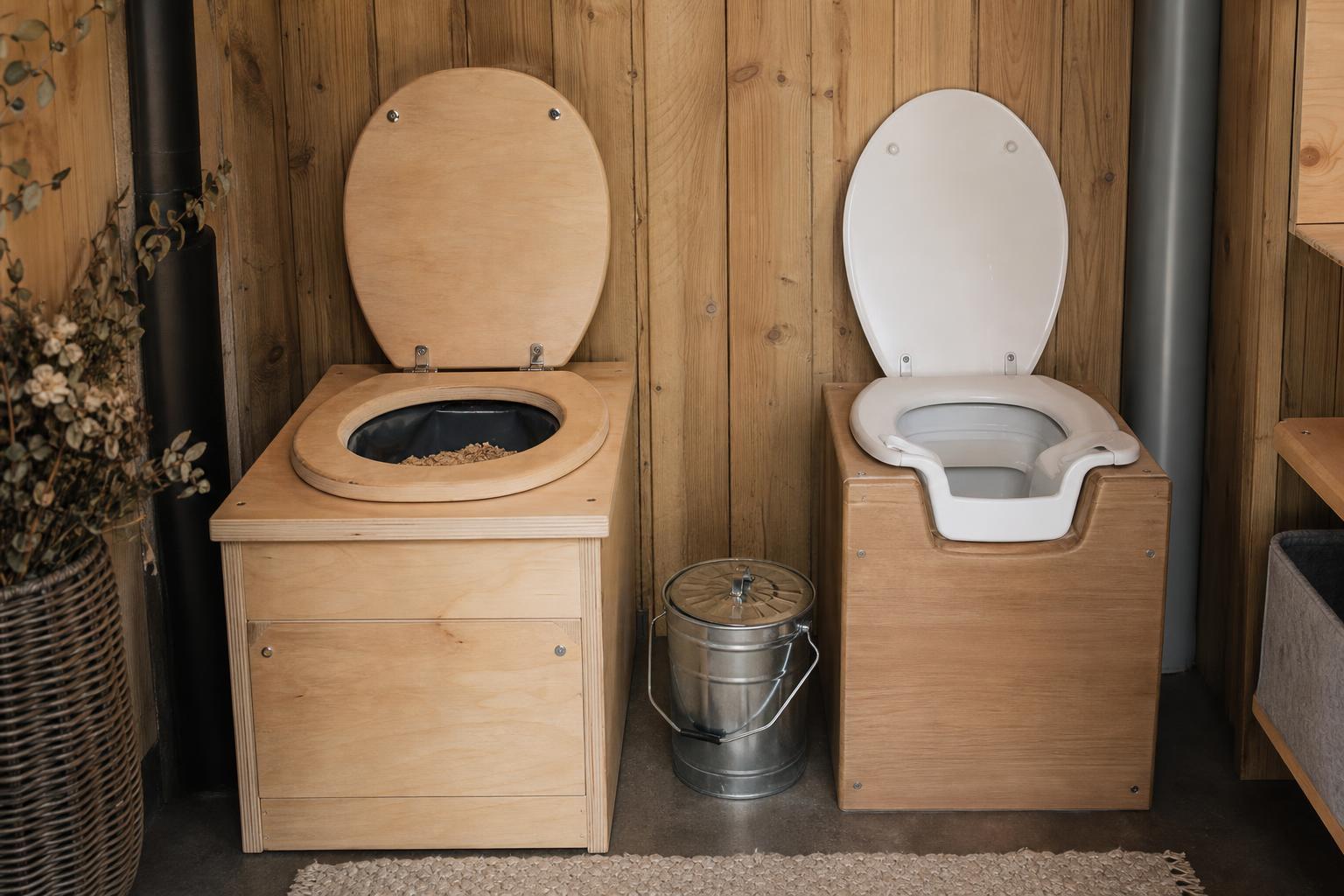 Deux toilettes sèches côte à côte : à litière et à séparation d'urine