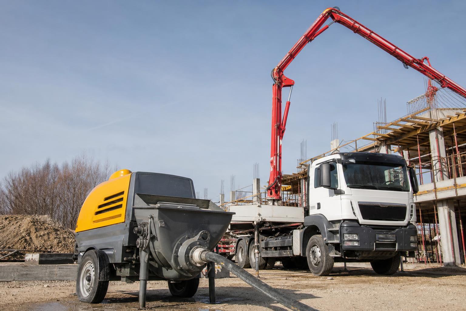 Différents types de pompes à béton : mini-pompe compacte et camion à flèche
