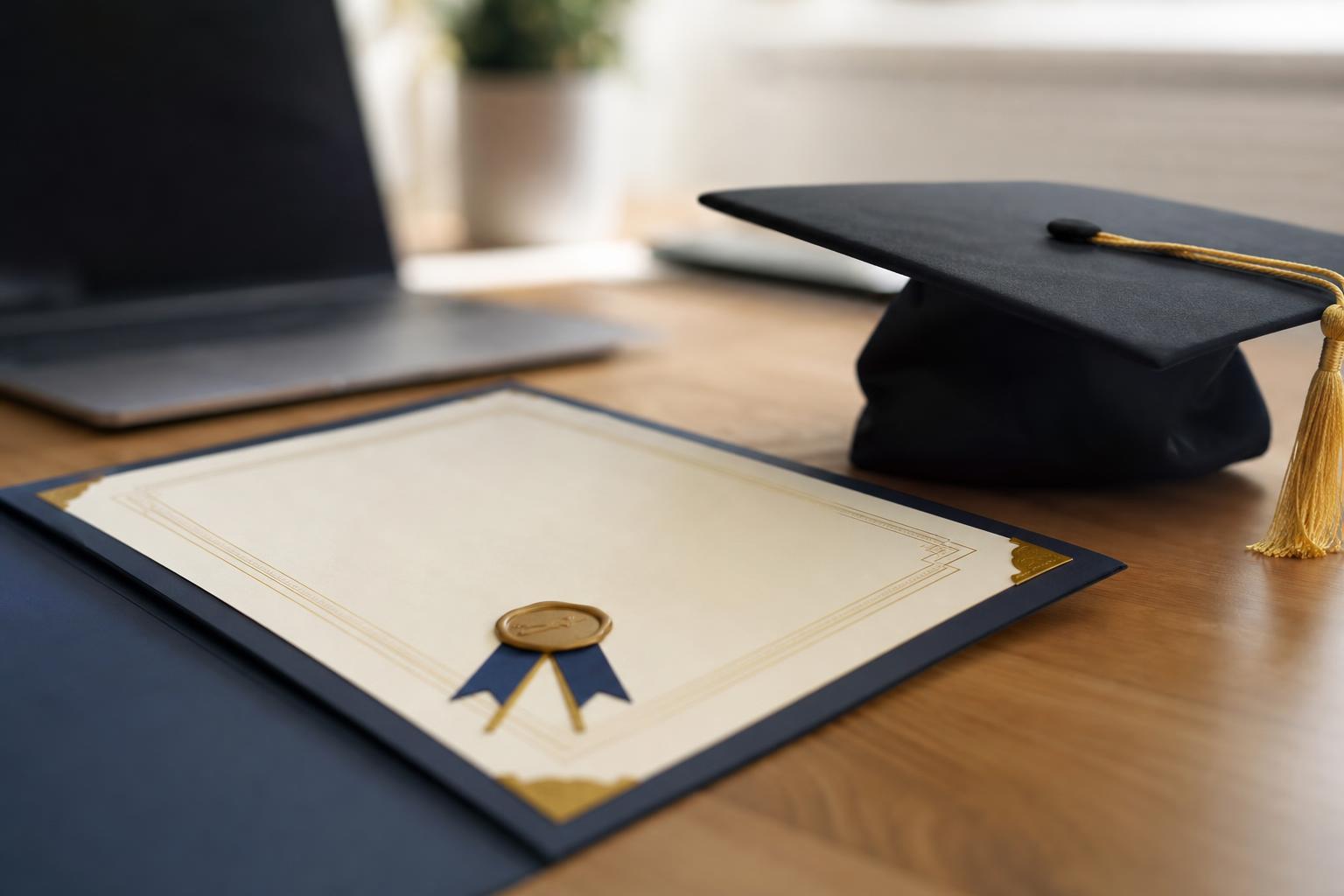 Diplôme officiel posé sur un bureau à côté d'une toque de diplômé