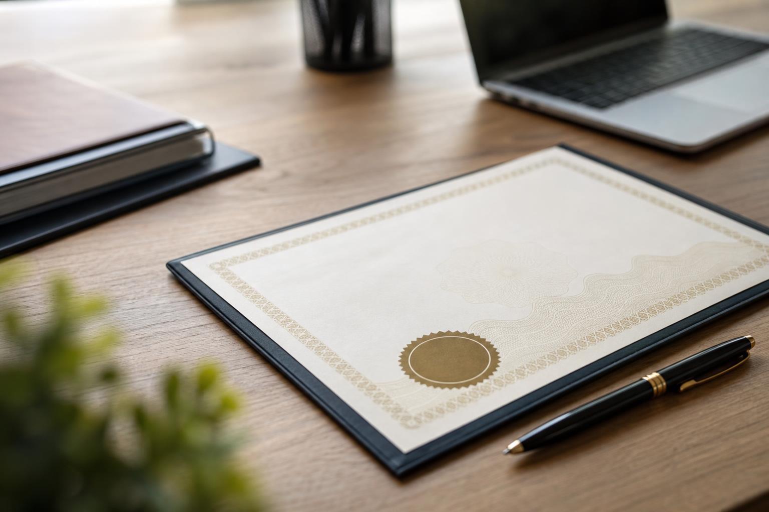 Document de certification professionnelle officiel posé sur un bureau avec un stylo