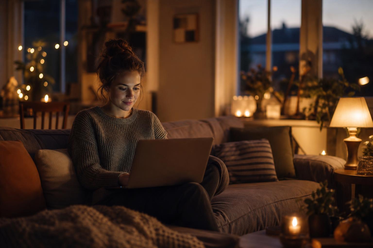 Éclairage d'intérieur chaud avec plusieurs petites lampes et bougies au crépuscule