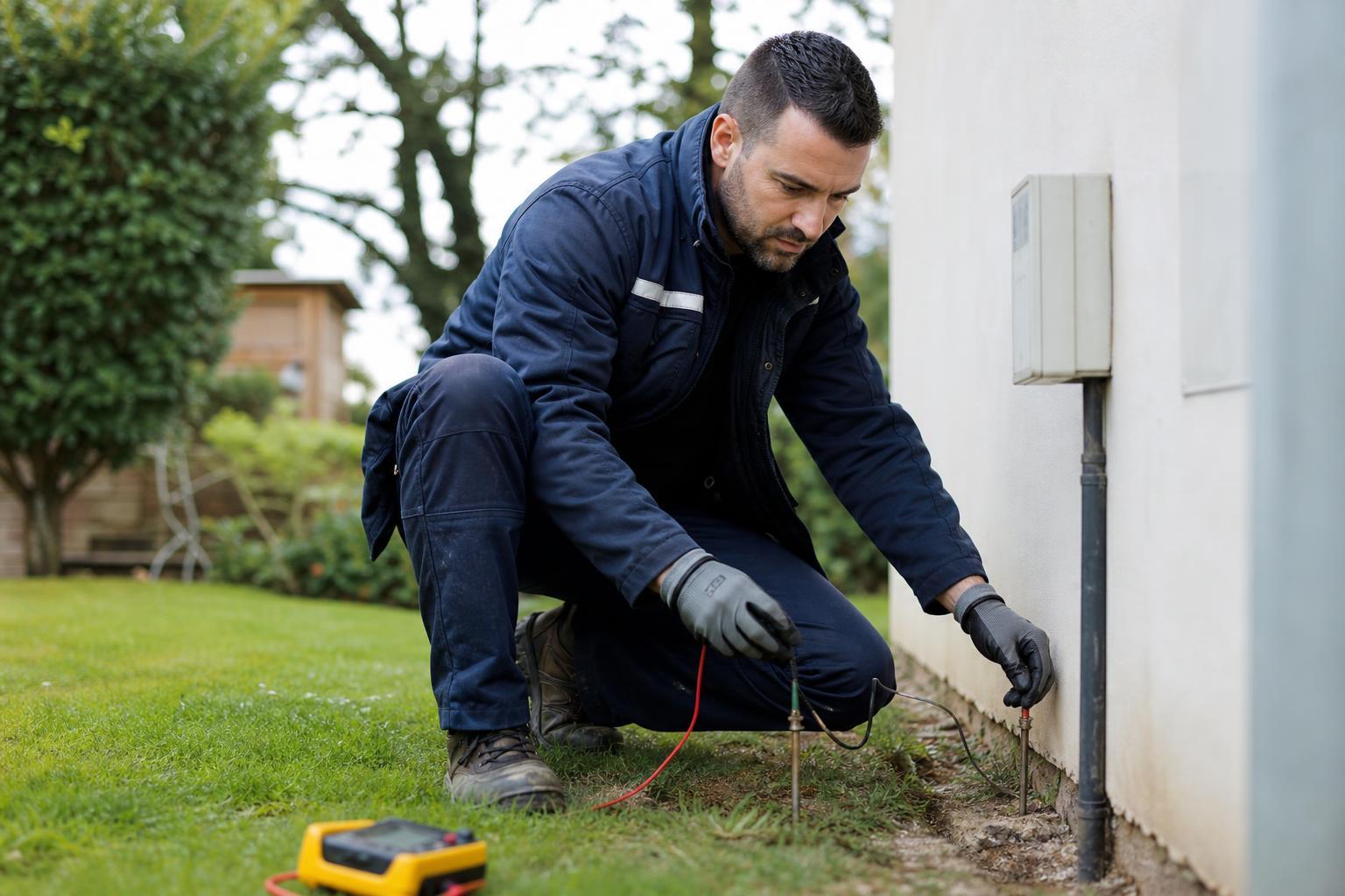 Électricien mesurant la terre avec un ohmmètre et des piquets auxiliaires dans un jardin