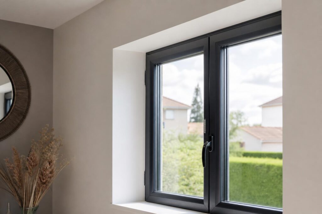 Embrasure de fenêtre habillée en plaques de plâtre blanches dans une pièce rénovée et lumineuse.