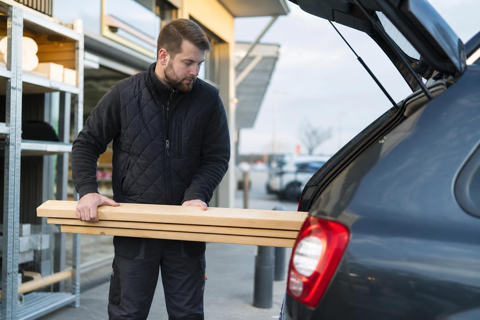 Employé chargeant des matériaux dans une voiture au point de retrait d'un magasin