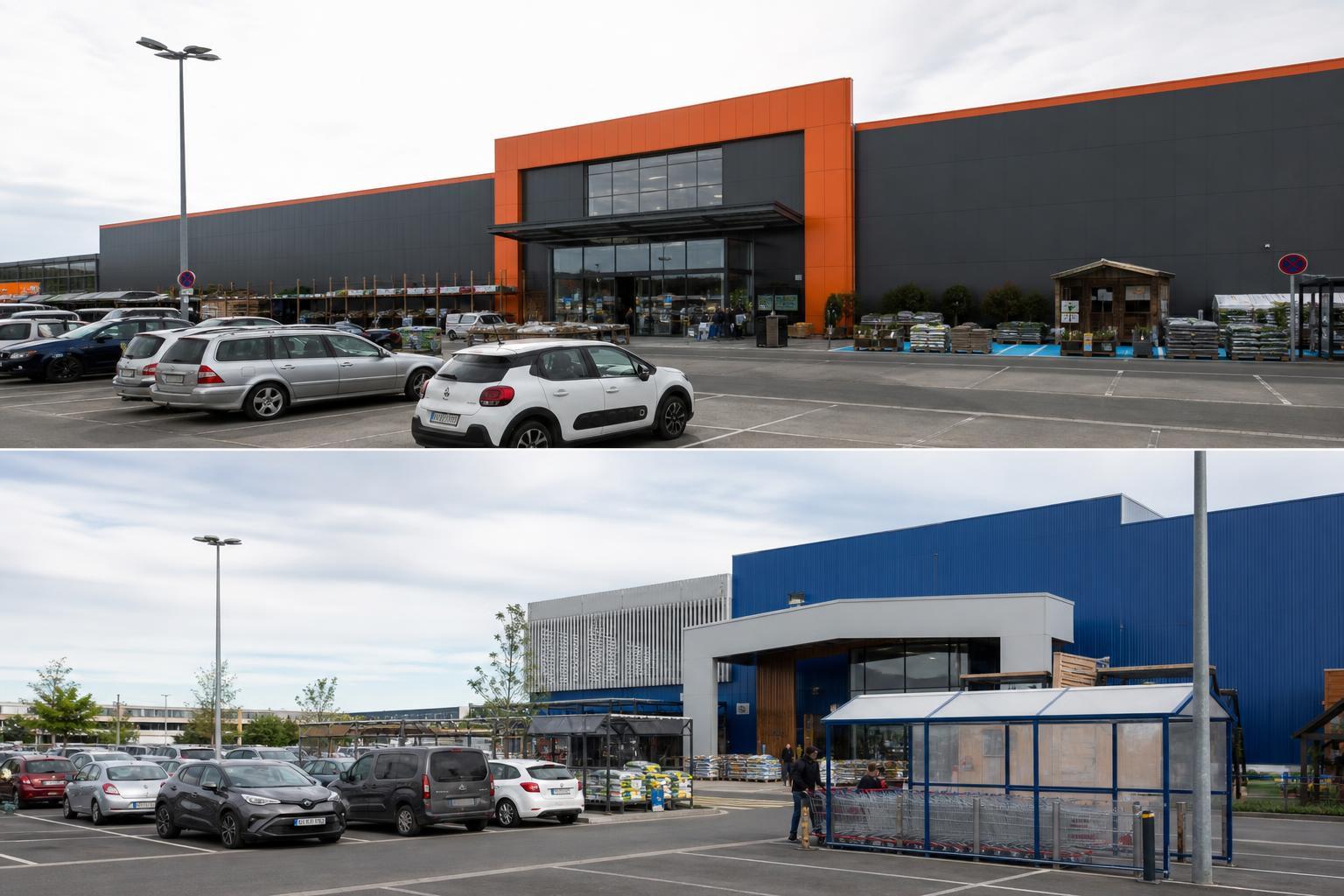 Entrées de deux grandes surfaces de bricolage avec leur parking