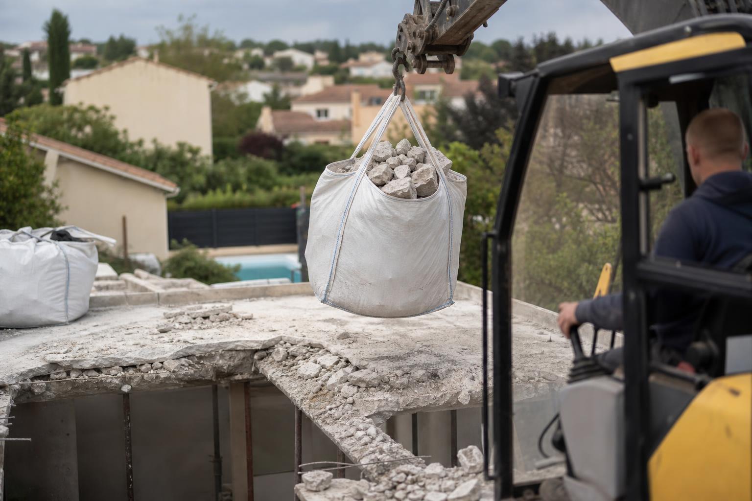 Évacuer les gravats de béton en big bags après démolition d'une dalle