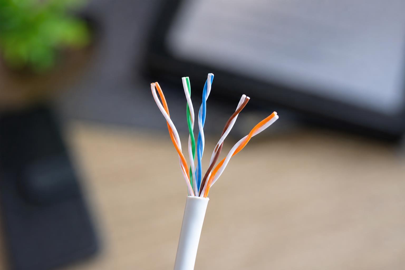Extrémité d'un câble Ethernet avec ses huit fils de couleur déroulés