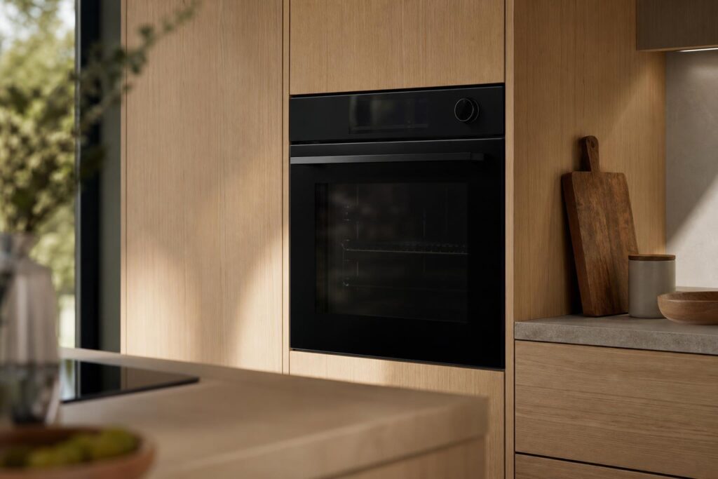 Four encastrable noir moderne installé dans un meuble de cuisine en bois clair.