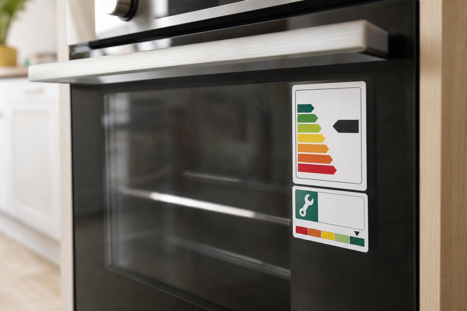 Gros plan sur l'étiquette énergie et l'indice de réparabilité collés sur la porte d'un four