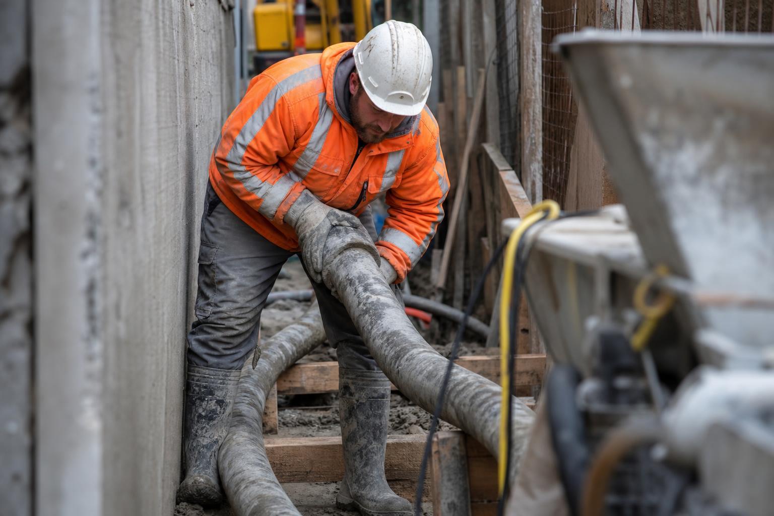 Guider le tuyau d'une pompe à béton dans un accès de chantier étroit
