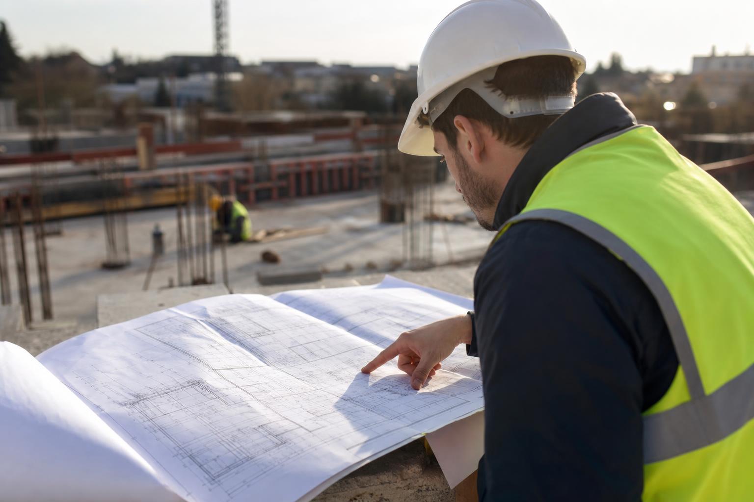 Ingénieur consultant les plans de structure et de fondation sur un chantier