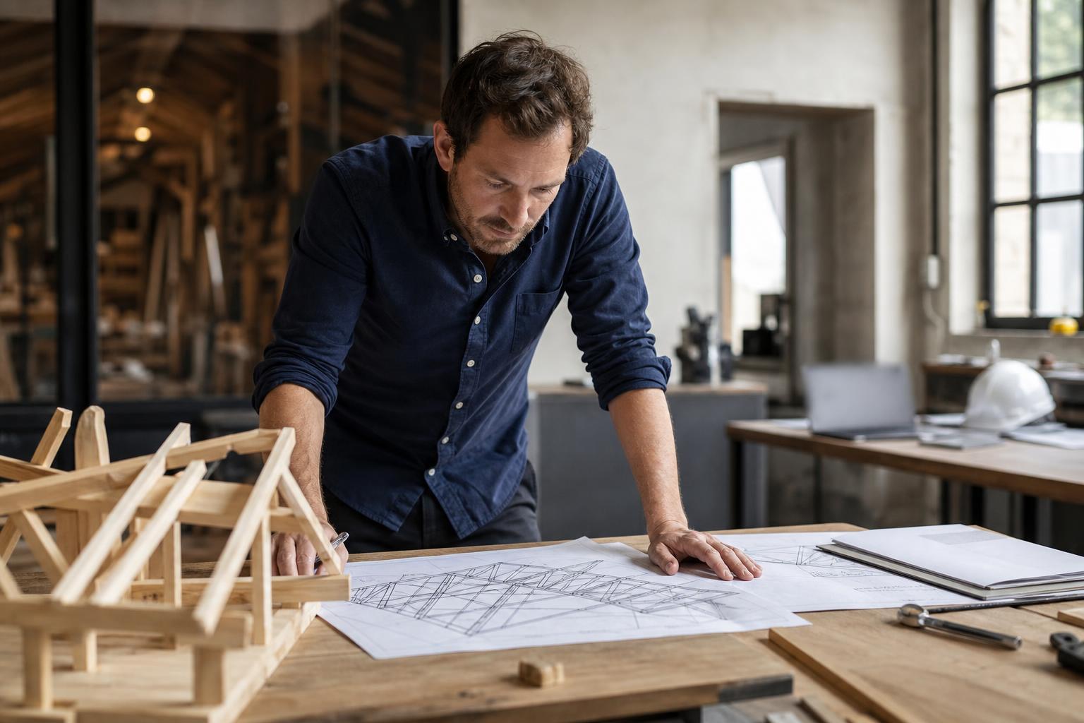 Ingénieur structure examinant des plans de charpente bois sur une table