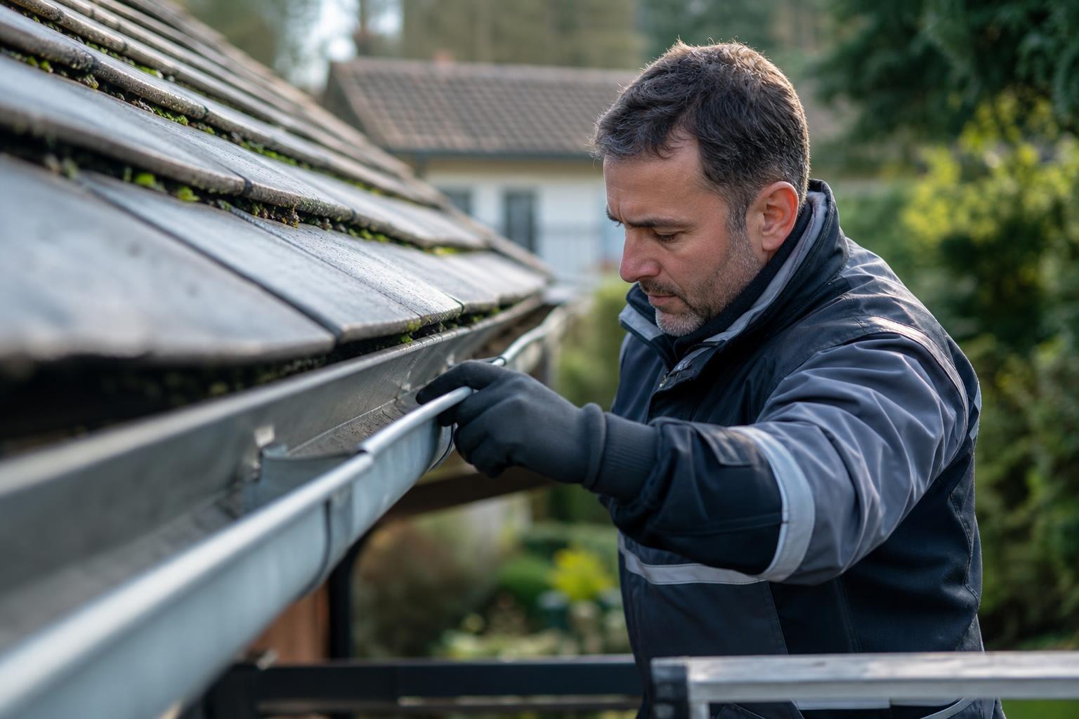 Inspection d'une gouttière en zinc pour localiser l'origine de la fuite