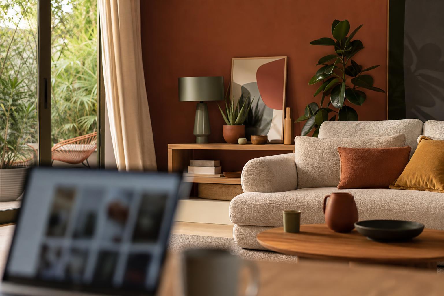Intérieur aux couleurs chaudes avec touches terracotta, ocre et vert sauge