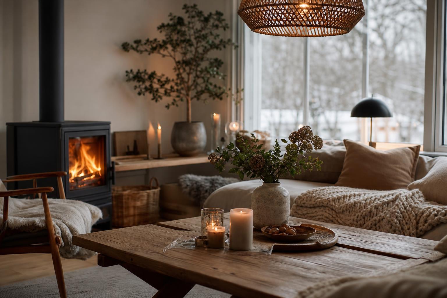 Intérieur danois chaleureux avec bougies allumées et plaids en hiver