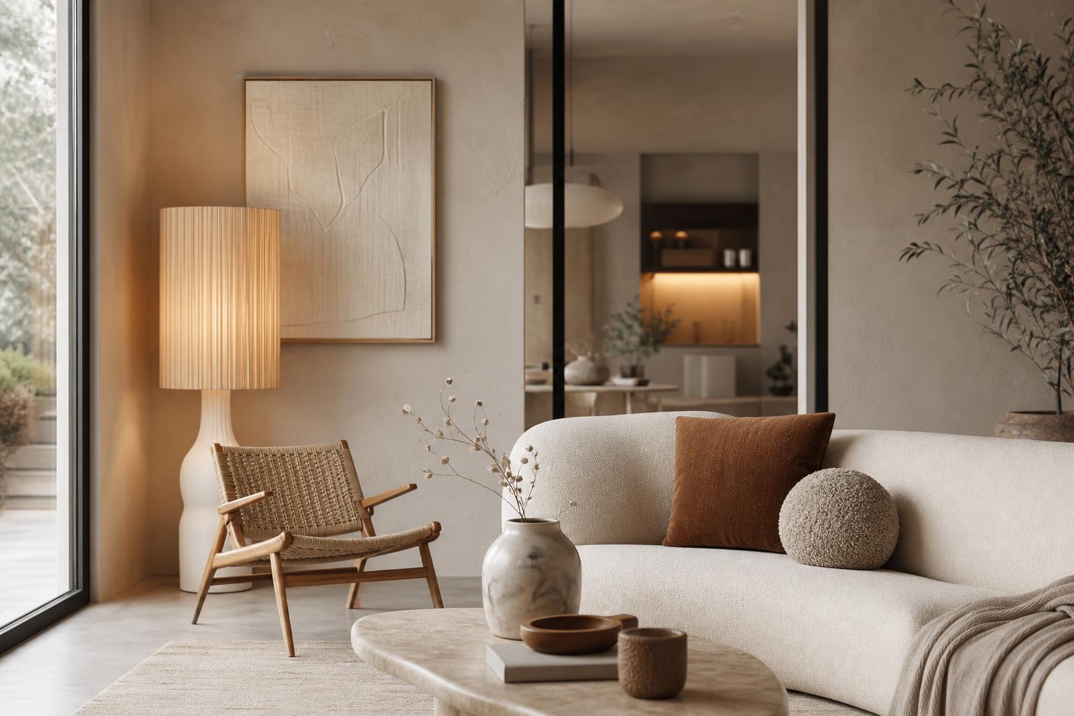 Intérieur tendance 2026 aux tons neutres chauds, murs texturés et lampe design