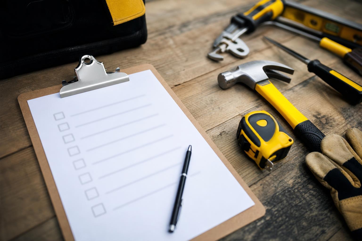 Liste de vérification sur un porte-bloc à côté d'outils à main sur une surface en bois