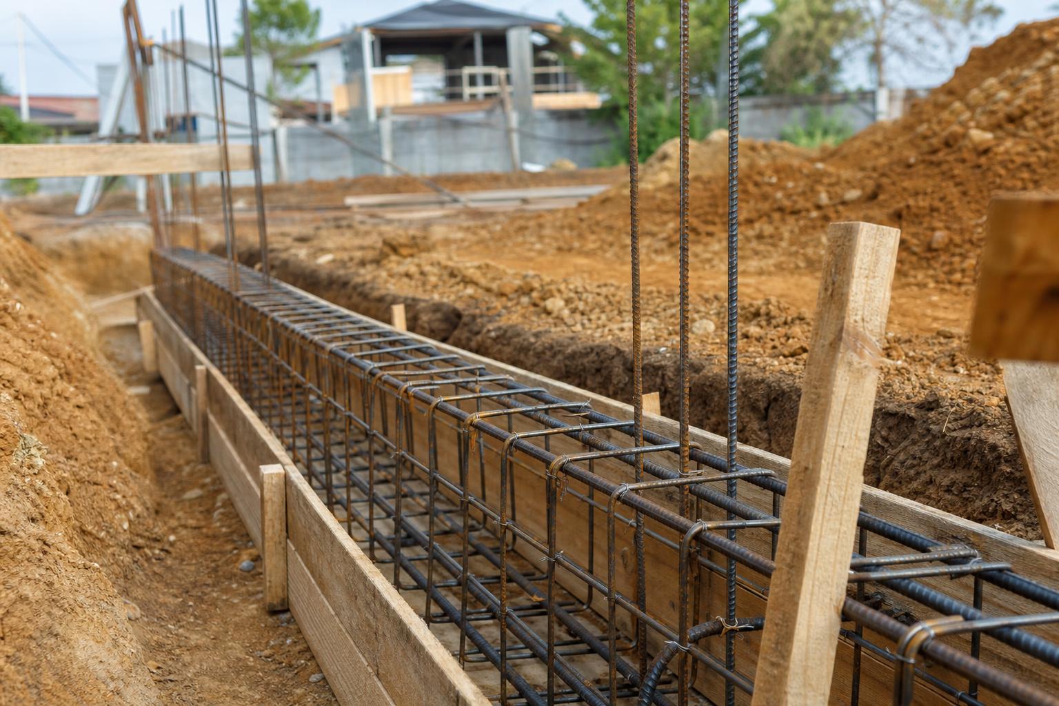 Longrine en béton armé avec sa cage d'aciers apparente sur un chantier de maison