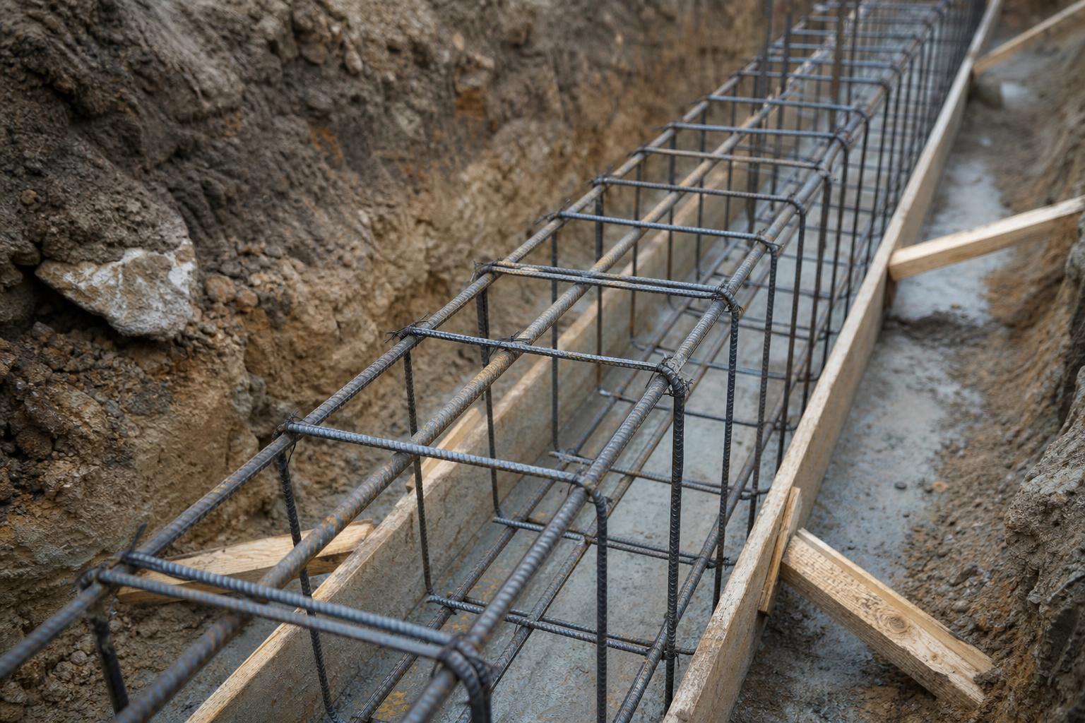 Longrine en béton armé avec sa cage d'armatures en fondation