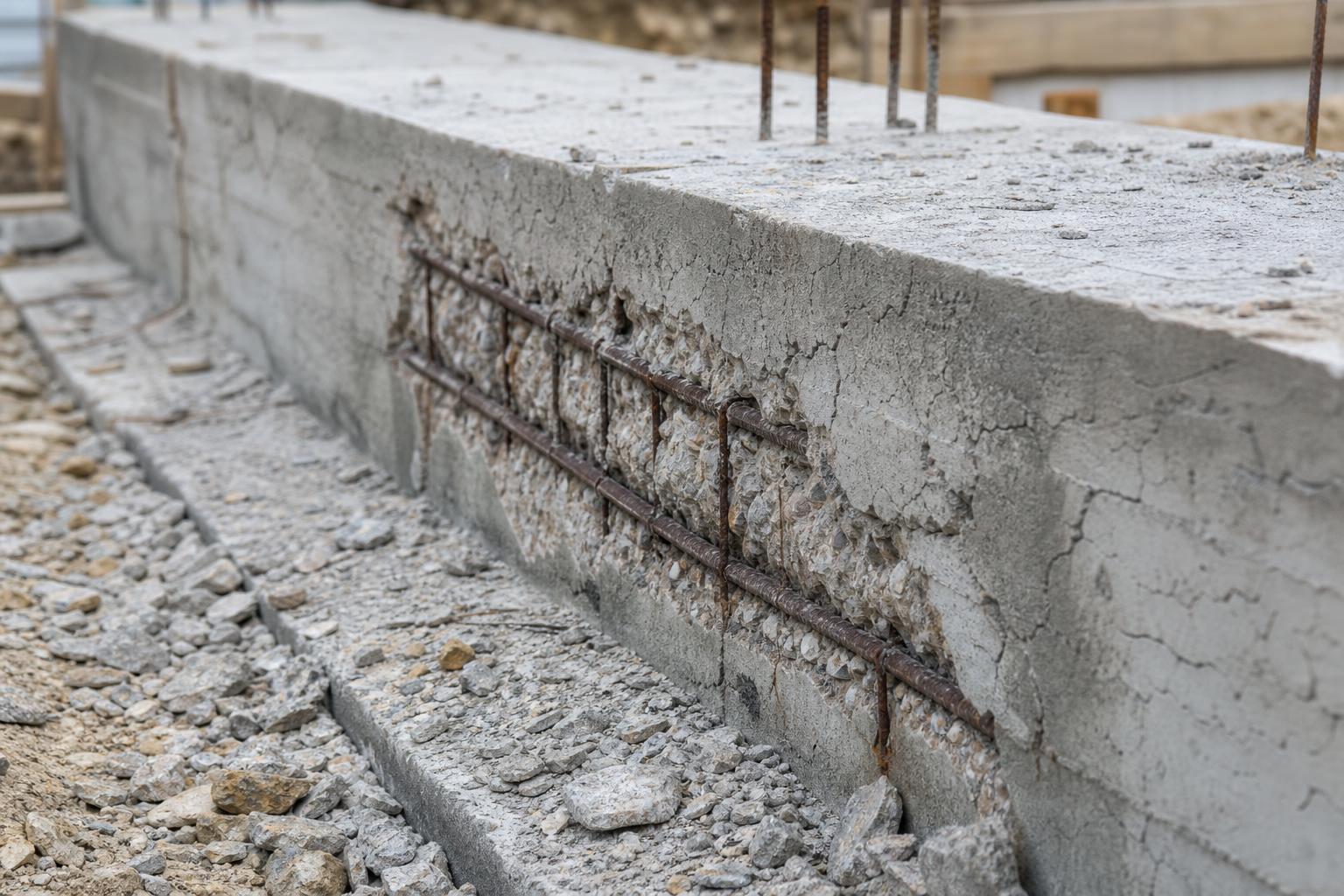 Longrine en béton fissurée avec acier corrodé apparent, exemple de défaut d'enrobage