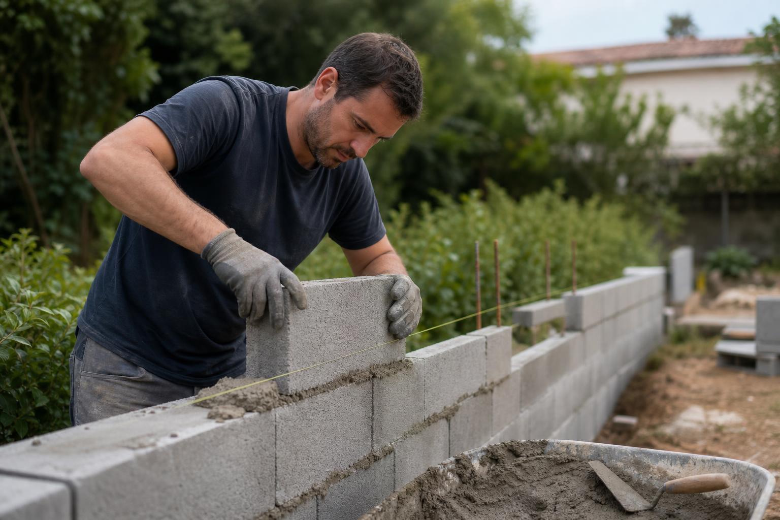 Maçon montant un muret de jardin avec des parpaings de 15 cm et du mortier