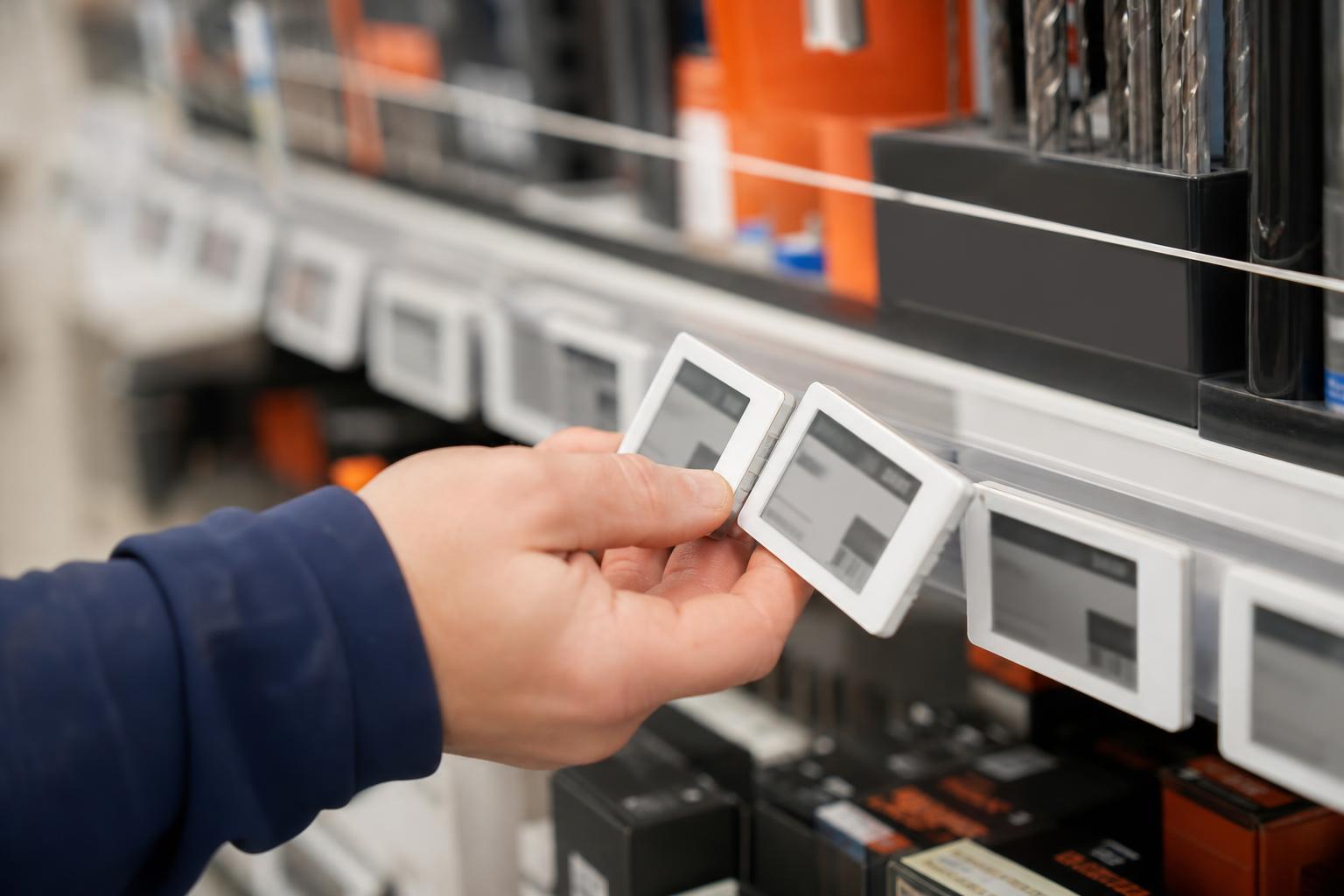 Main comparant deux étiquettes de prix dans un rayon de magasin de bricolage