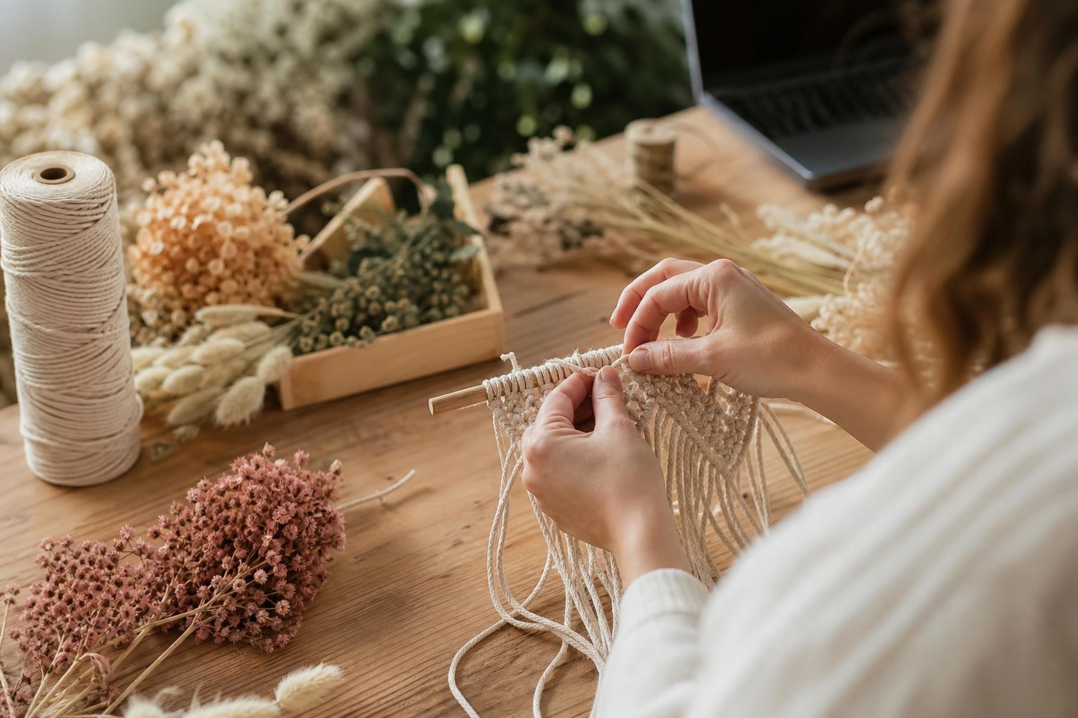Mains fabriquant du macramé et des décorations en fleurs séchées sur une table en bois