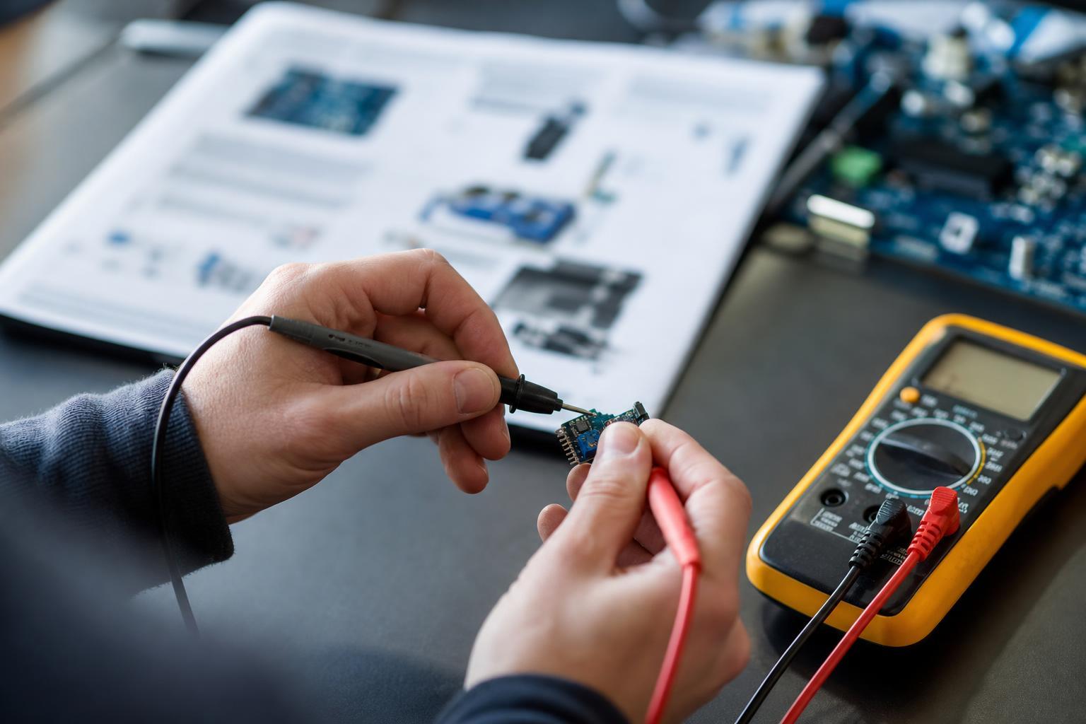 Mains vérifiant un composant électronique avec sa fiche technique, un multimètre posé à côté