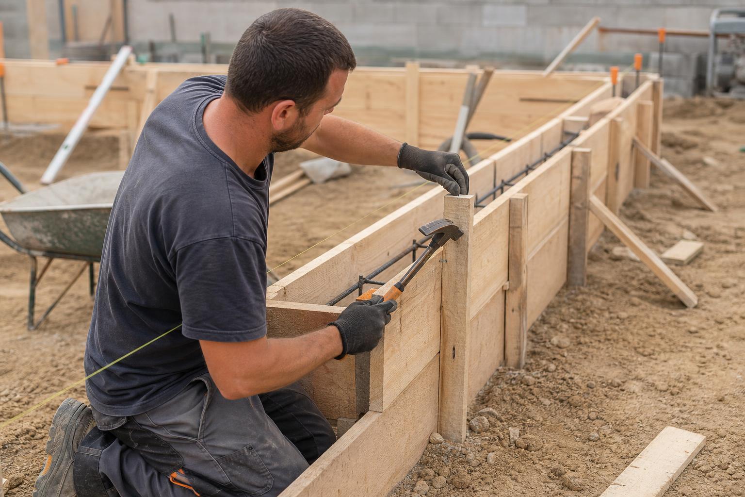 Menuisier assemblant un coffrage bois pour une longrine de fondation