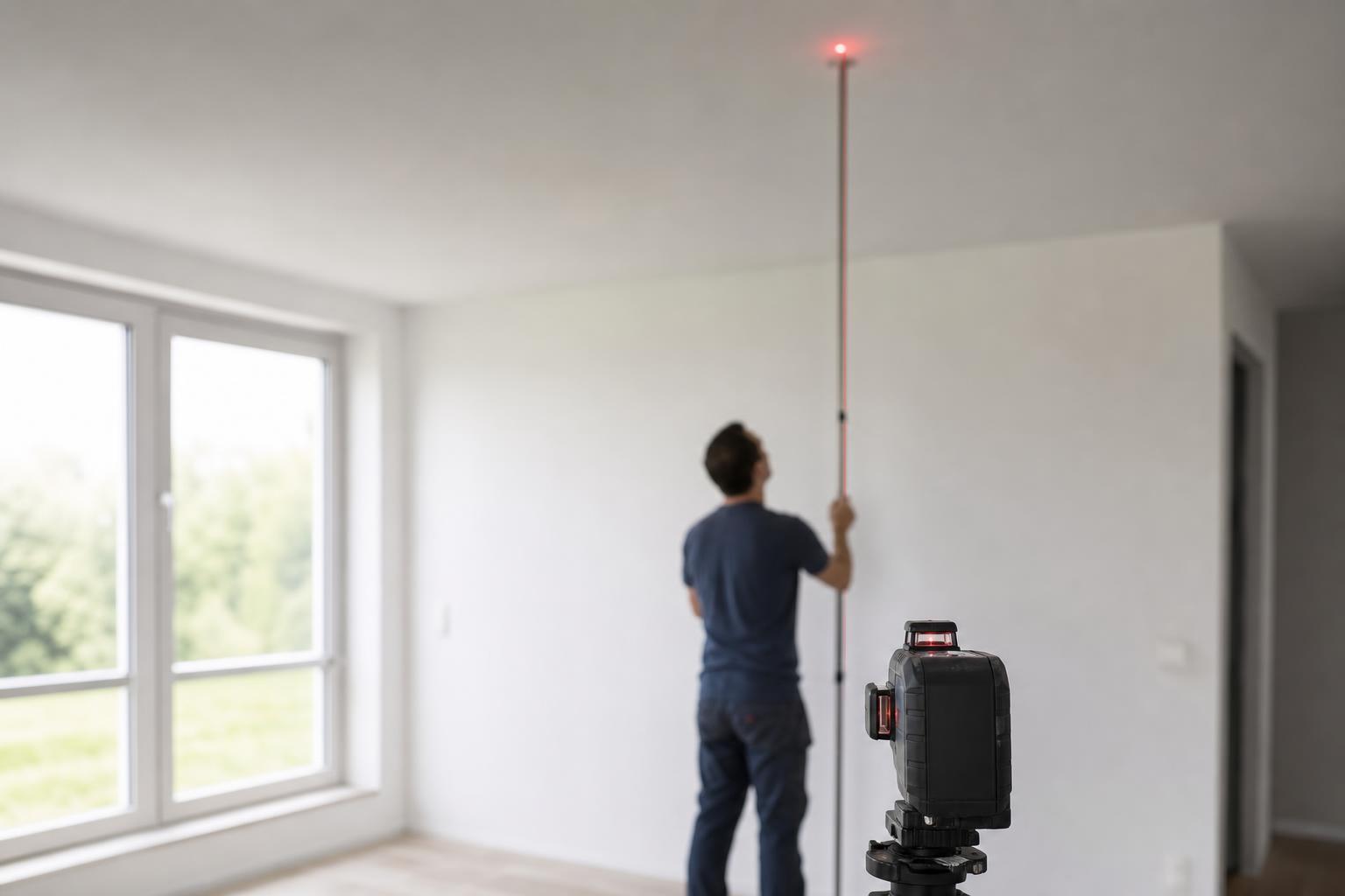 Mesure de la hauteur sous plafond au niveau laser dans une pièce vide