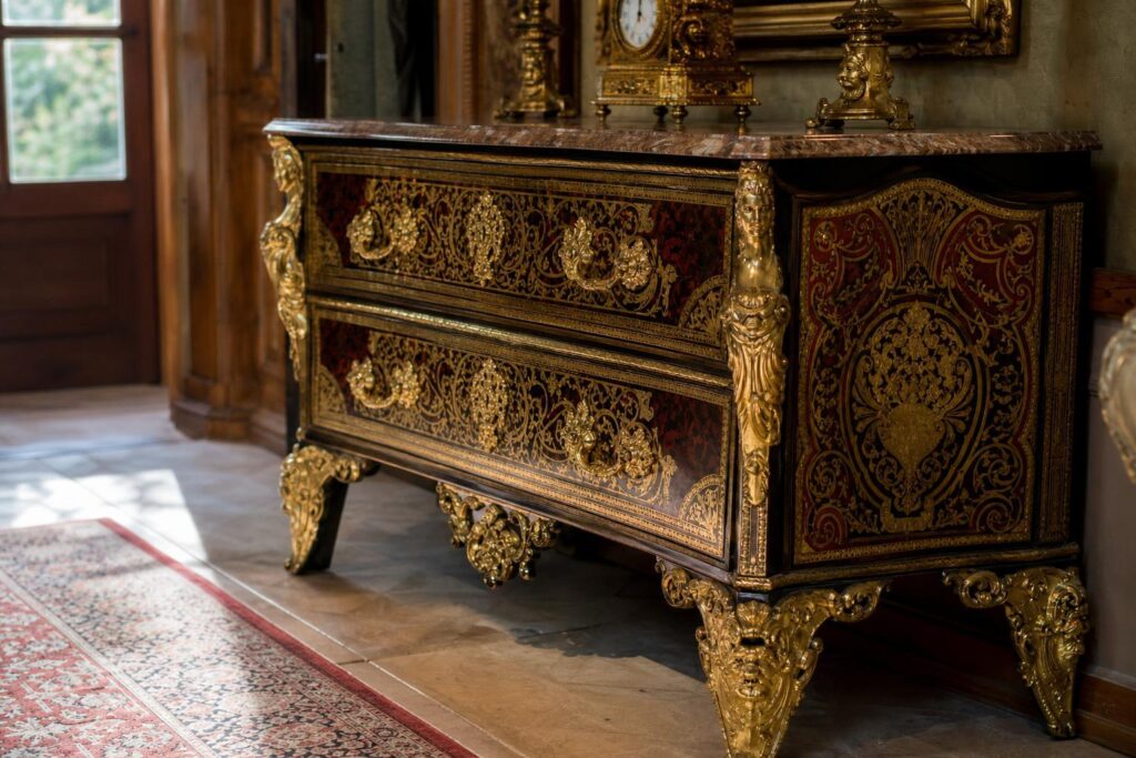 Meuble Boulle ancien en marqueterie d'écaille et de laiton, orné de bronzes dorés.