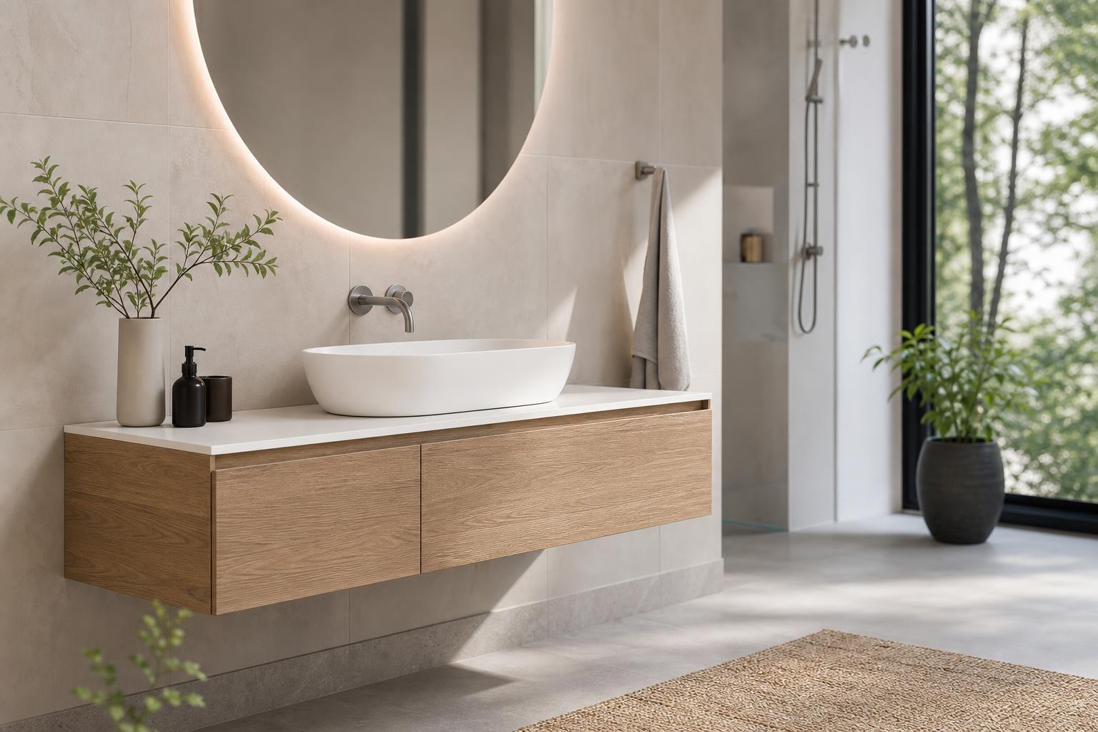 Meuble vasque suspendu et lavabo design dans une salle de bain moderne et lumineuse