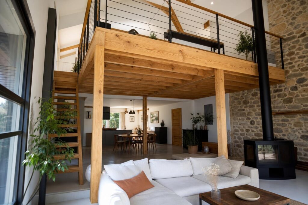 Mezzanine en bois autoportée avec poteaux dans un intérieur lumineux et volume sous plafond.