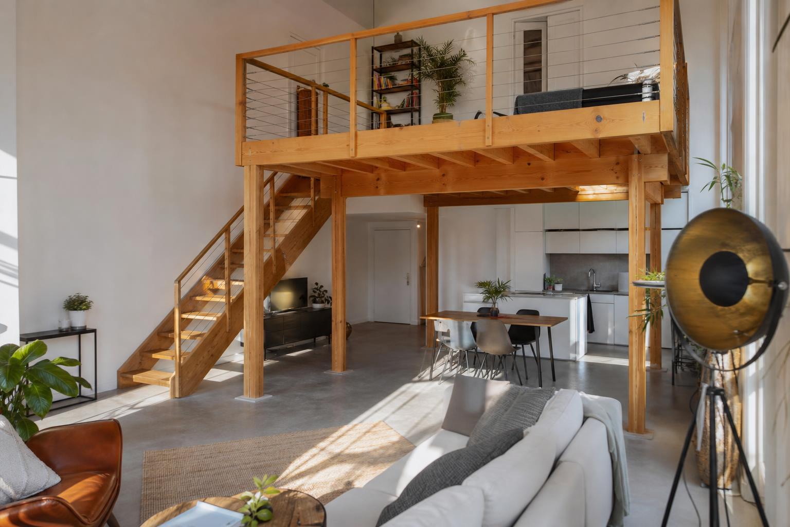 Mezzanine en bois autoportée sur quatre poteaux dans un loft lumineux