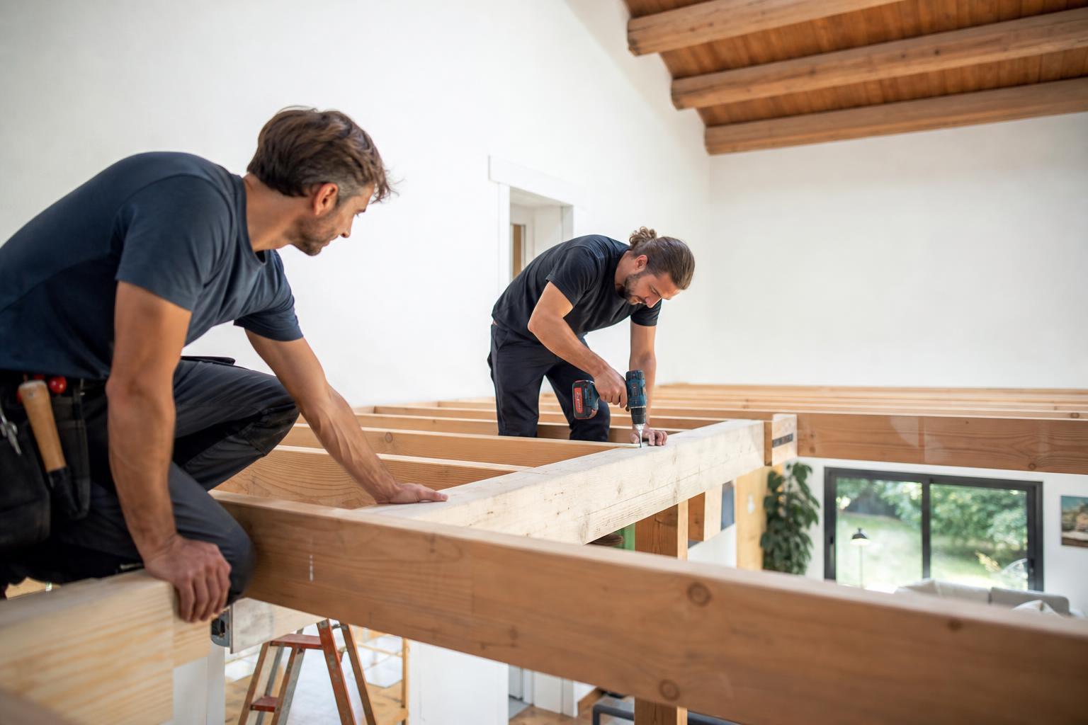 Montage à deux d'une ossature de mezzanine en bois avec outils